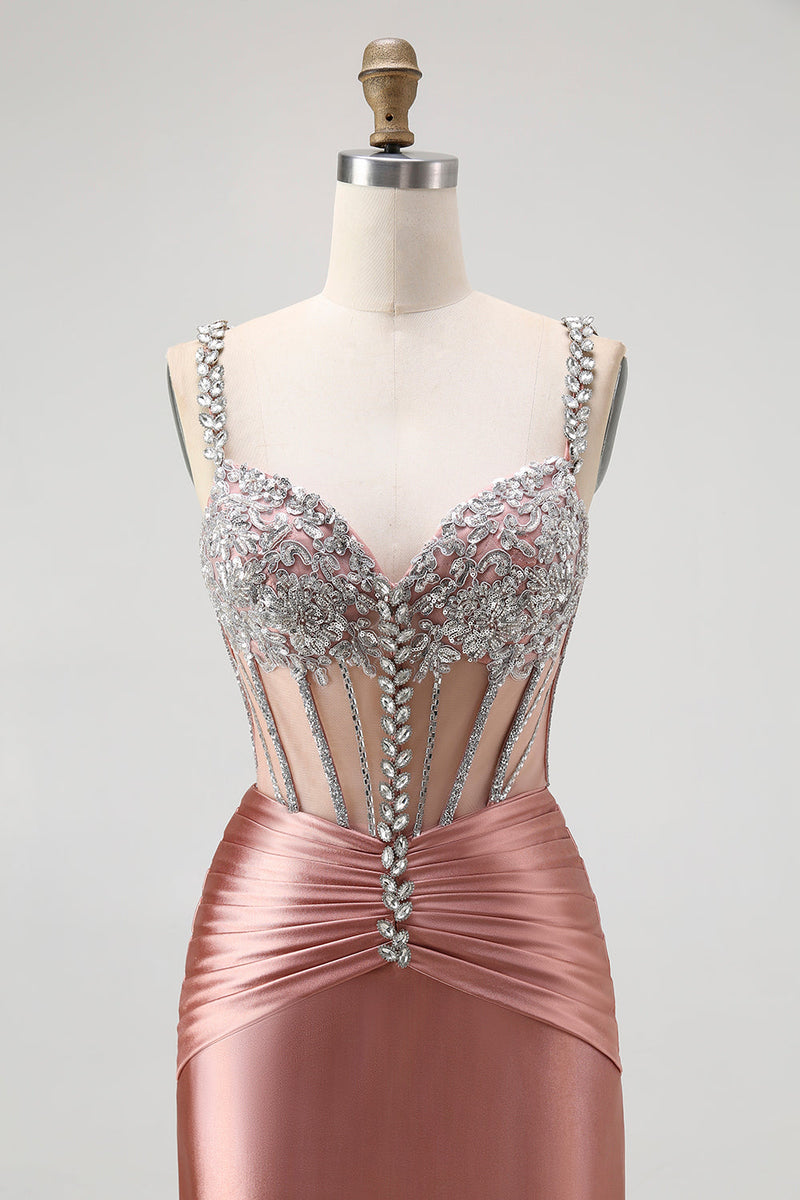Laden Sie das Bild in den Galerie-Viewer, Glitzer Rosa Spaghettiträger Meerjungfrau Satin Lange Korsett Ballkleid mit Perlen