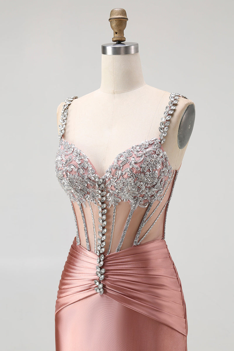 Laden Sie das Bild in den Galerie-Viewer, Glitzer Rosa Spaghettiträger Meerjungfrau Satin Lange Korsett Ballkleid mit Perlen