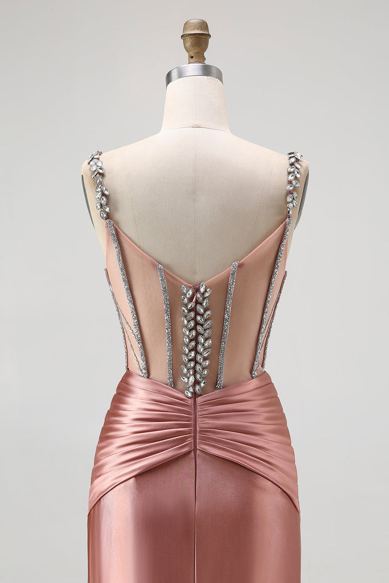 Laden Sie das Bild in den Galerie-Viewer, Glitzer Rosa Spaghettiträger Meerjungfrau Satin Lange Korsett Ballkleid mit Perlen
