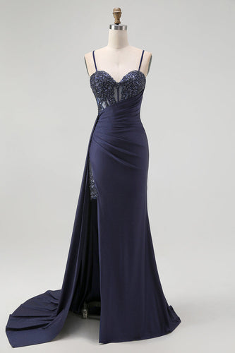 Glitzer Marineblau Spaghettiträger Meerjungfrau Lange Korsett Ballkleid mit Perlen