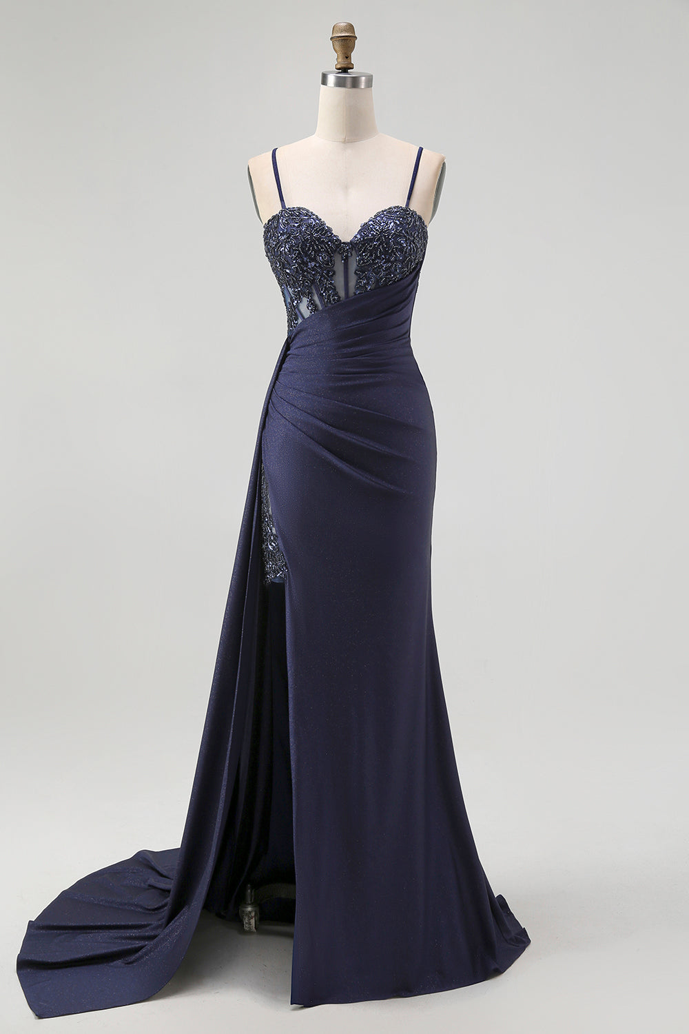 Glitzer Marineblau Spaghettiträger Meerjungfrau Lange Korsett Ballkleid mit Perlen