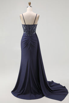 Glitzer Marineblau Spaghettiträger Meerjungfrau Lange Korsett Ballkleid mit Perlen
