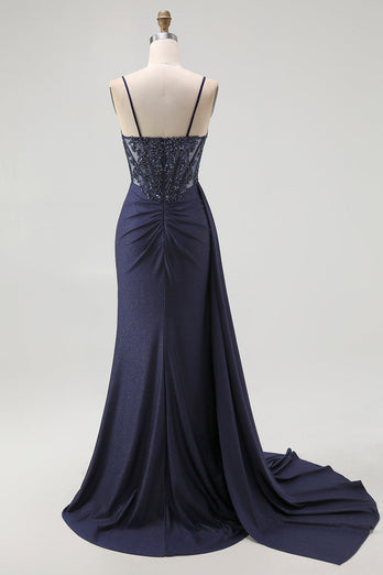 Glitzer Marineblau Spaghettiträger Meerjungfrau Lange Korsett Ballkleid mit Perlen