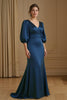 Laden Sie das Bild in den Galerie-Viewer, Marine Satin Meerjungfrau V-Ausschnitt Lange Hochzeitsgast Kleid mit Ärmel