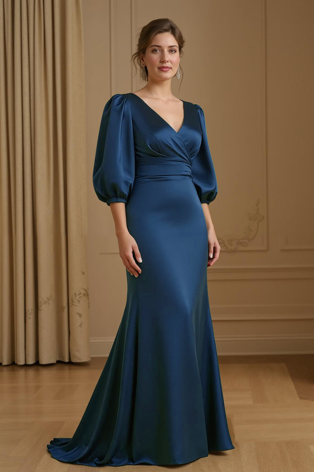 Marine Satin Meerjungfrau V-Ausschnitt Lange Hochzeitsgast Kleid mit Ärmel