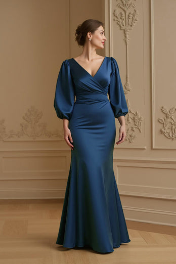Marine Satin Meerjungfrau V-Ausschnitt Lange Hochzeitsgast Kleid mit Ärmel