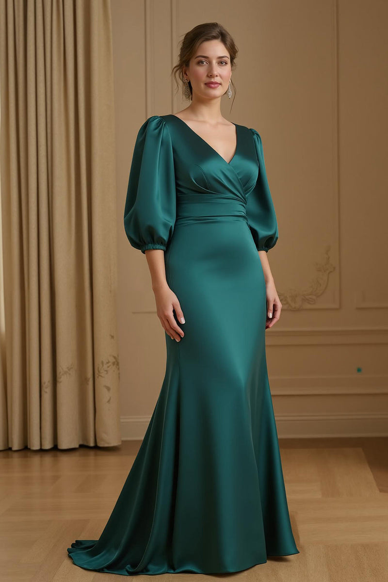 Laden Sie das Bild in den Galerie-Viewer, Marine Satin Meerjungfrau V-Ausschnitt Lange Hochzeitsgast Kleid mit Ärmel