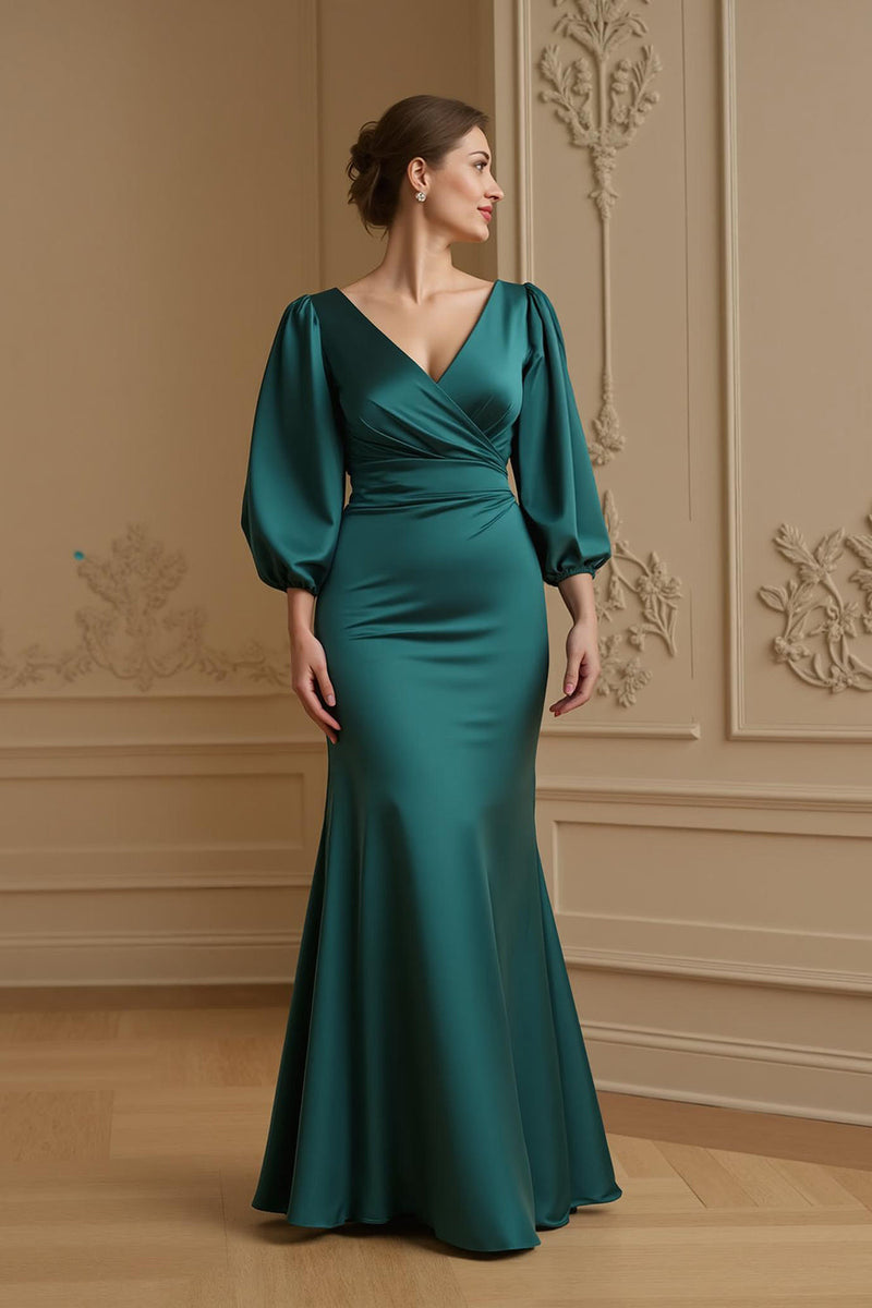 Laden Sie das Bild in den Galerie-Viewer, Marine Satin Meerjungfrau V-Ausschnitt Lange Hochzeitsgast Kleid mit Ärmel