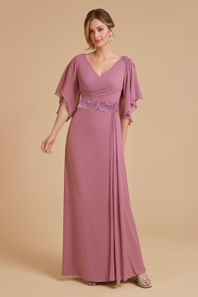 Altrosa Chiffon Etui Lange Hochzeitsgast Kleid mit Rüschen