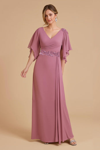 Altrosa Chiffon Etui Lange Hochzeitsgast Kleid mit Rüschen