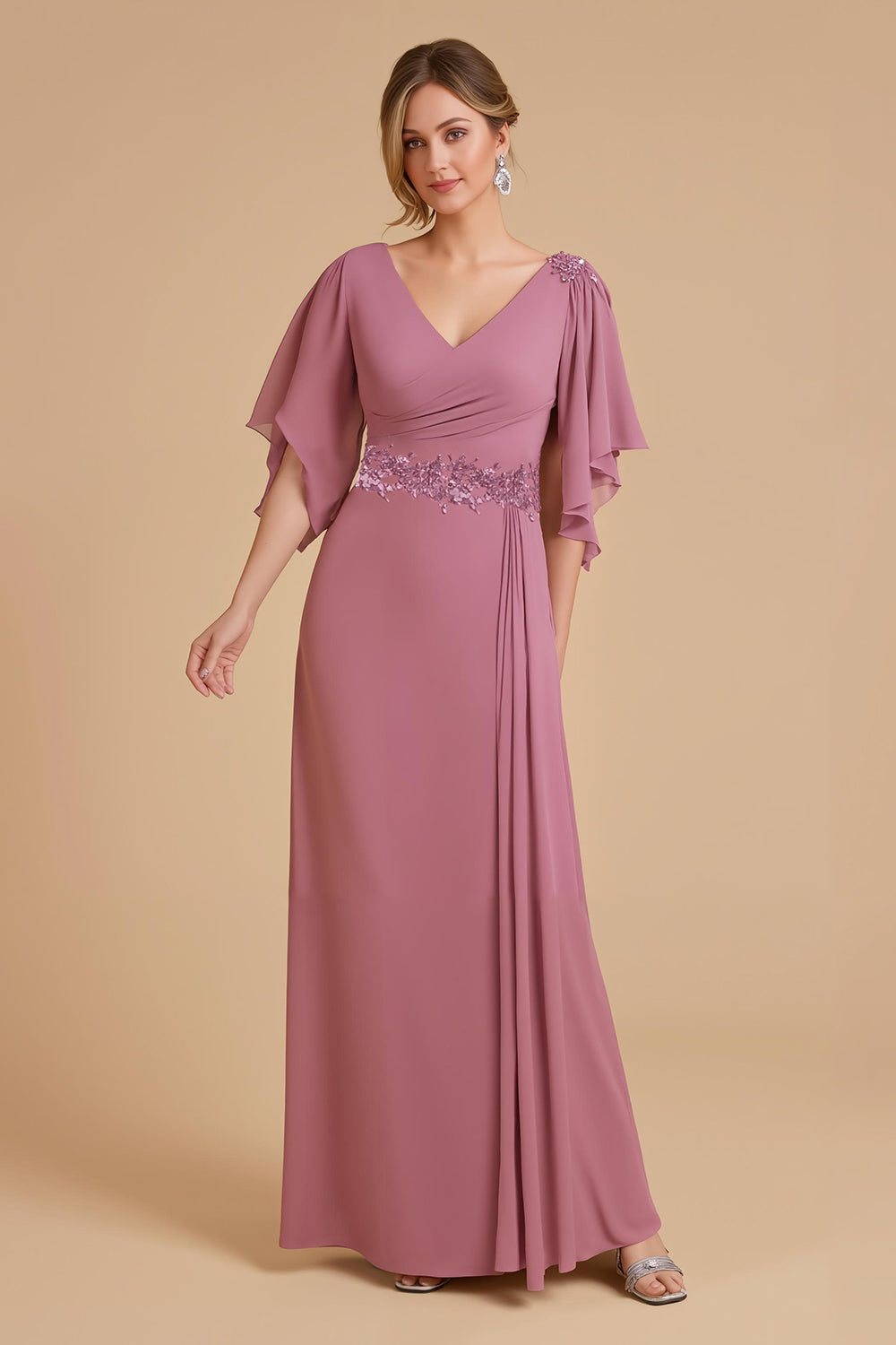 Altrosa Chiffon Etui Lange Hochzeitsgast Kleid mit Rüschen