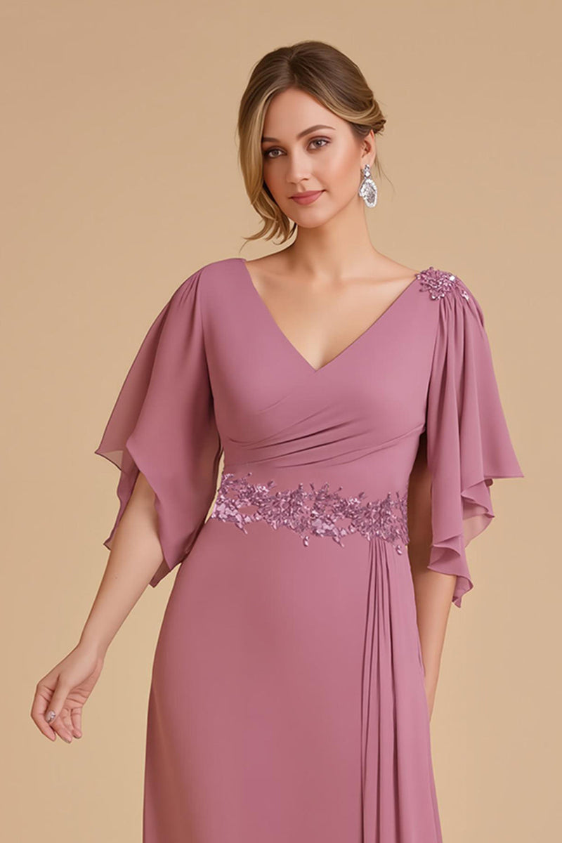 Laden Sie das Bild in den Galerie-Viewer, Altrosa Chiffon Etui Lange Hochzeitsgast Kleid mit Rüschen