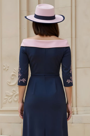 Marine Satin Etui Schulterfreies Midi Hochzeitsgast Kleid mit Ärmel