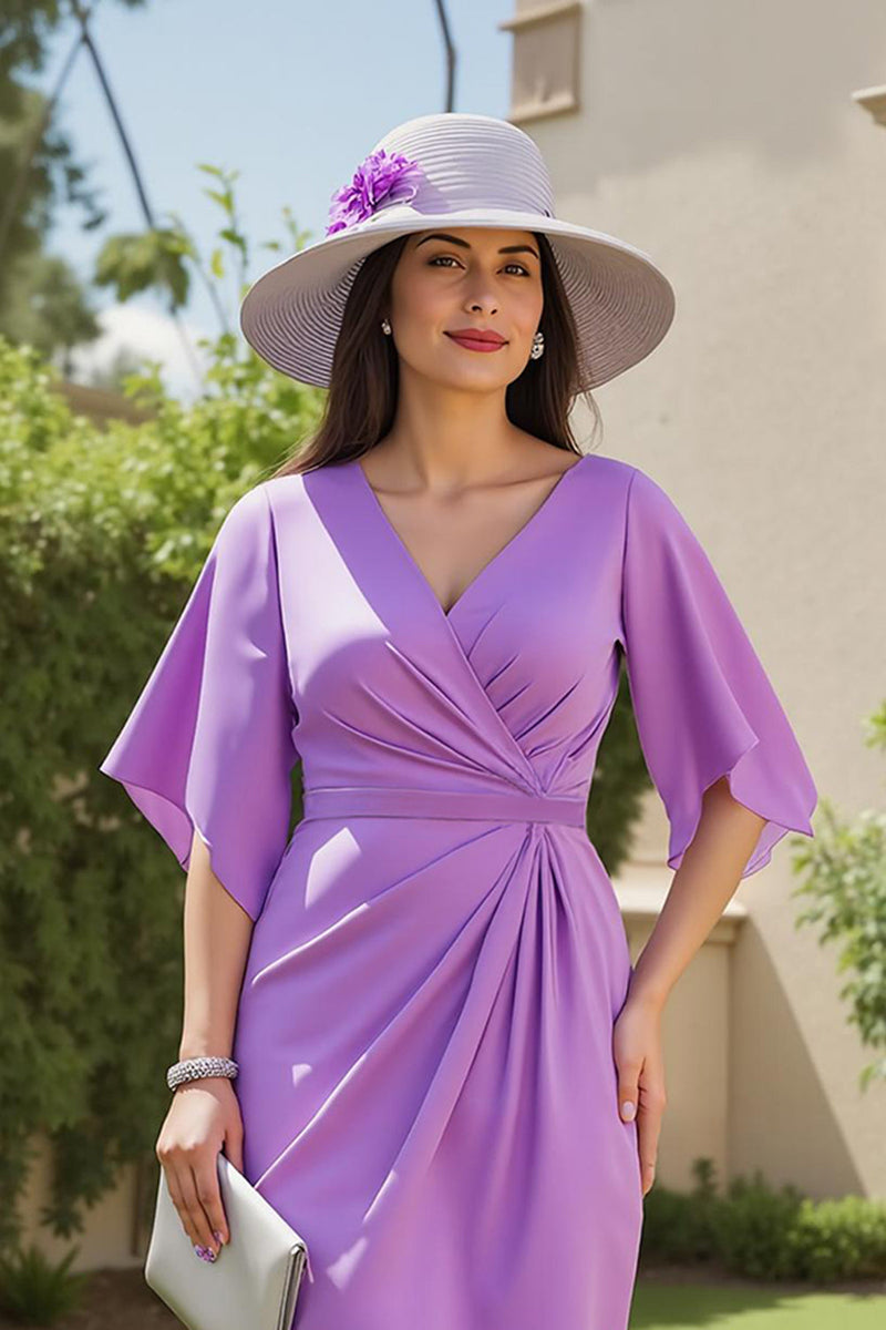 Laden Sie das Bild in den Galerie-Viewer, Lila Geraffte Etui Midi Hochzeitsgast Kleid mit Ärmel