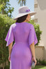 Laden Sie das Bild in den Galerie-Viewer, Lila Geraffte Etui Midi Hochzeitsgast Kleid mit Ärmel