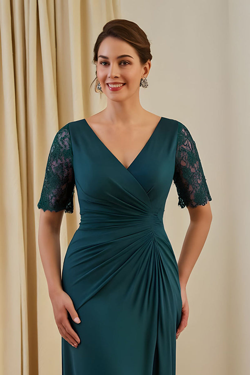 Laden Sie das Bild in den Galerie-Viewer, Tannengrün Geraffte Etui V-Ausschnitt Midi Hochzeitsgast Kleid mit Spitze