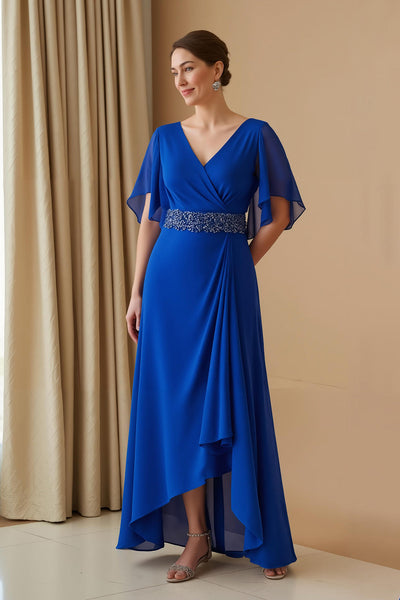 Königsblau Etui Chiffon V-Ausschnitt Lange Hochzeitsgast Kleid mit Perlen