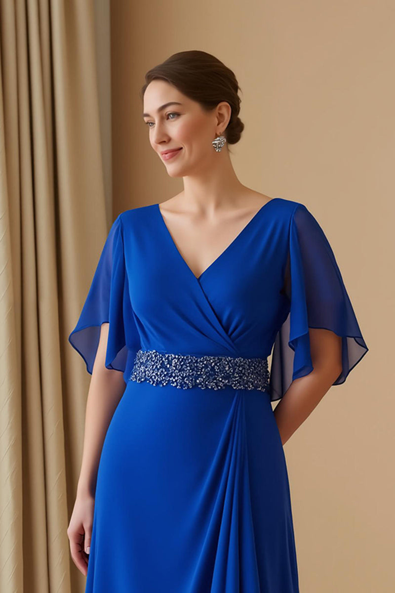Laden Sie das Bild in den Galerie-Viewer, Königsblau Etui Chiffon V-Ausschnitt Lange Hochzeitsgast Kleid mit Perlen
