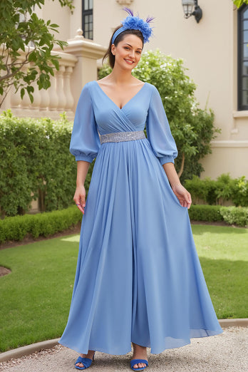 Staubblau Chiffon A Linie V-Ausschnitt Lange Hochzeitsgast Kleid mit Perlen
