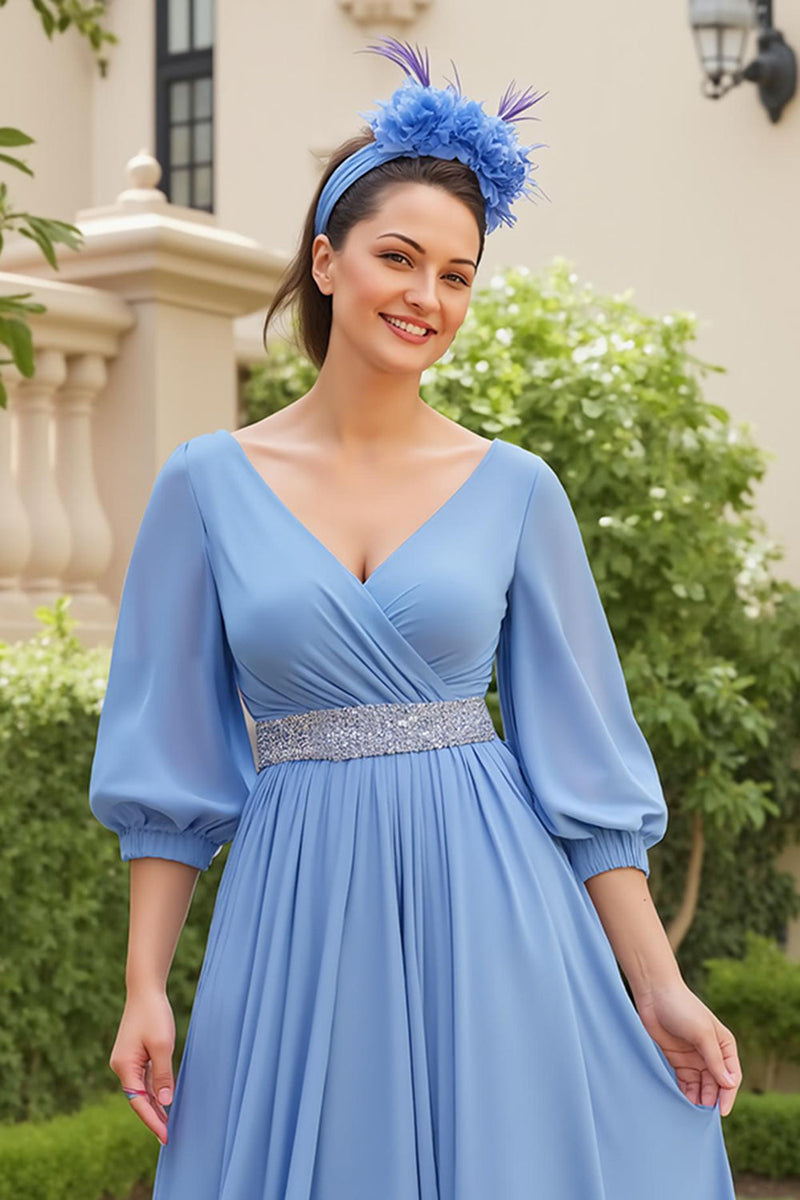 Laden Sie das Bild in den Galerie-Viewer, Staubblau Chiffon A Linie V-Ausschnitt Lange Hochzeitsgast Kleid mit Perlen