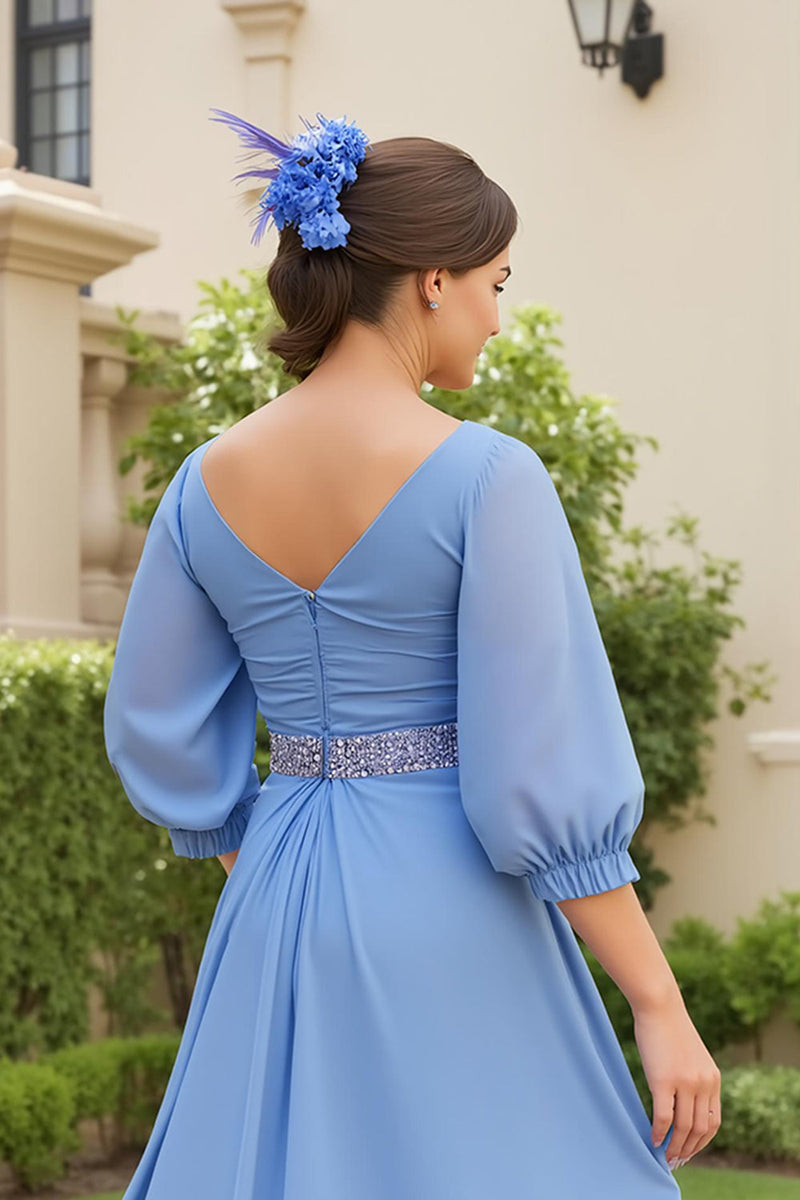 Laden Sie das Bild in den Galerie-Viewer, Staubblau Chiffon A Linie V-Ausschnitt Lange Hochzeitsgast Kleid mit Perlen