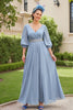 Laden Sie das Bild in den Galerie-Viewer, Staubblau Chiffon A Linie V-Ausschnitt Lange Hochzeitsgast Kleid mit Perlen