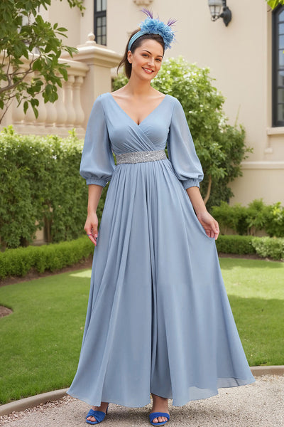 Staubblau Chiffon A Linie V-Ausschnitt Lange Hochzeitsgast Kleid mit Perlen