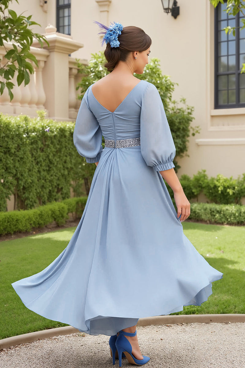 Laden Sie das Bild in den Galerie-Viewer, Staubblau Chiffon A Linie V-Ausschnitt Lange Hochzeitsgast Kleid mit Perlen