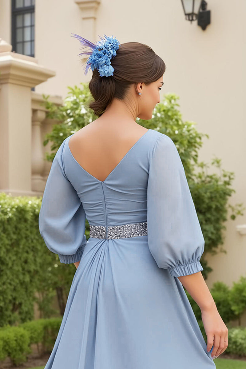 Laden Sie das Bild in den Galerie-Viewer, Staubblau Chiffon A Linie V-Ausschnitt Lange Hochzeitsgast Kleid mit Perlen