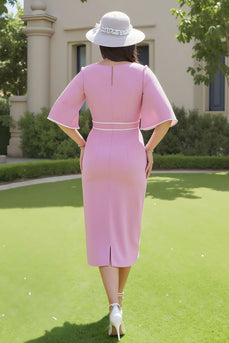 Bonbonrosa Etui V-Ausschnitt Midi Hochzeitsgast Kleid mit Ärmel