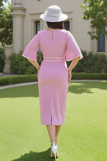 Bonbonrosa Etui V-Ausschnitt Midi Hochzeitsgast Kleid mit Ärmel