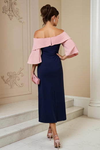 Marine Etui Satin Schulterfreies Midi Hochzeitsgast Kleid mit Schlitz