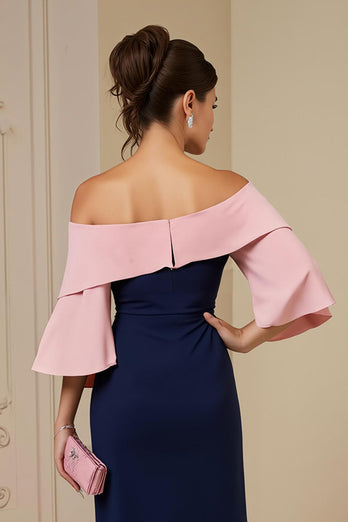 Marine Etui Satin Schulterfreies Midi Hochzeitsgast Kleid mit Schlitz