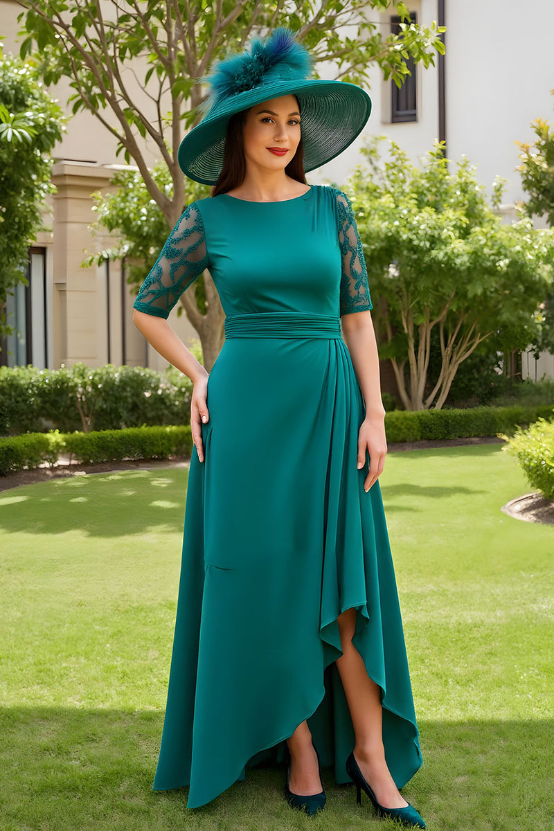 Laden Sie das Bild in den Galerie-Viewer, Tannengrün Etui Chiffon U-Boot Ausschnitt Lange Hochzeitsgast Kleid mit Ärmel