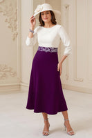 Laden Sie das Bild in den Galerie-Viewer, Marine A Linie U-Boot Ausschnitt Midi Hochzeitsgast Kleid mit Applikationen