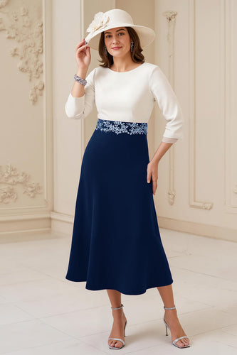 Marine A Linie U-Boot Ausschnitt Midi Hochzeitsgast Kleid mit Applikationen