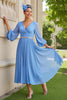 Laden Sie das Bild in den Galerie-Viewer, Hellblau Chiffon A Linie V-Ausschnitt Lange Hochzeitsgast Kleid mit Perlen