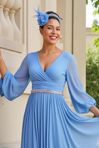 Hellblau Chiffon A Linie V-Ausschnitt Lange Hochzeitsgast Kleid mit Perlen