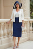 Laden Sie das Bild in den Galerie-Viewer, Marine Zweiteiler Satin Etui Midi Hochzeitsgast Kleid mit Spitze