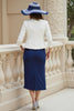 Laden Sie das Bild in den Galerie-Viewer, Marine Zweiteiler Satin Etui Midi Hochzeitsgast Kleid mit Spitze