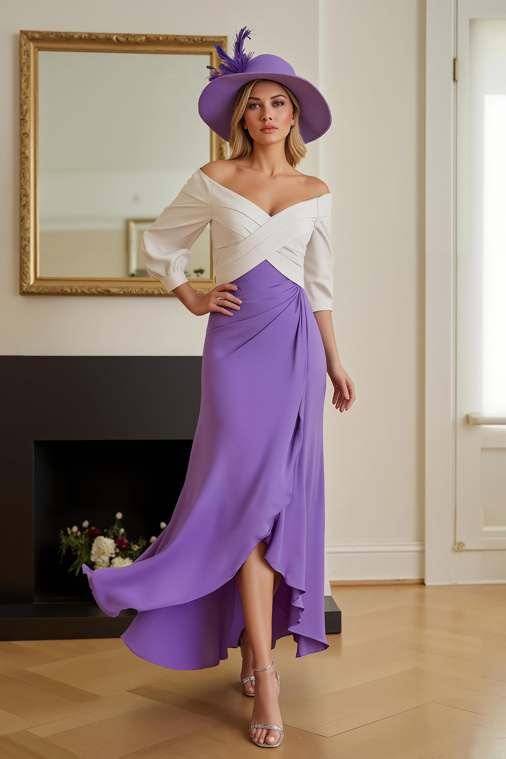 Lila Chiffon Etui Schulterfreies Lange Hochzeitsgast Kleid mit Ärmel