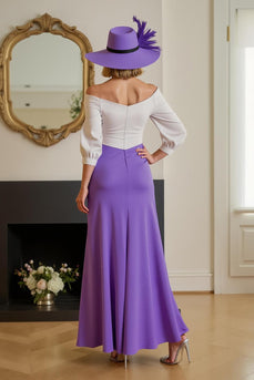 Lila Chiffon Etui Schulterfreies Lange Hochzeitsgast Kleid mit Ärmel