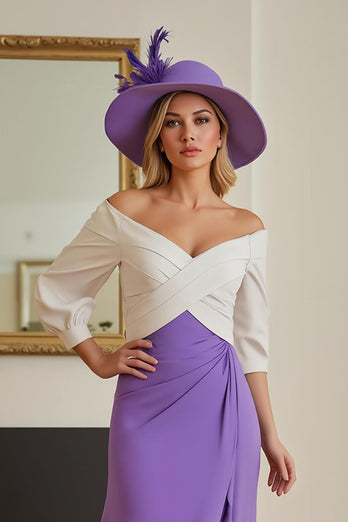 Lila Chiffon Etui Schulterfreies Lange Hochzeitsgast Kleid mit Ärmel
