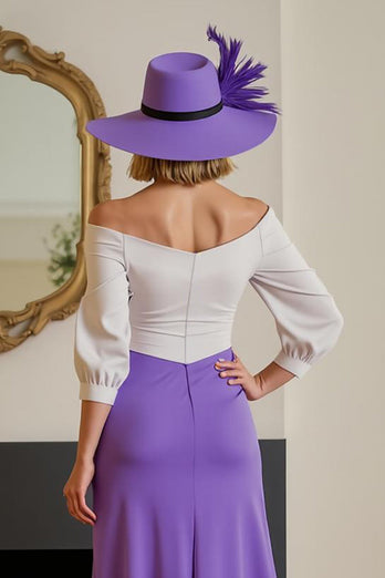 Lila Chiffon Etui Schulterfreies Lange Hochzeitsgast Kleid mit Ärmel