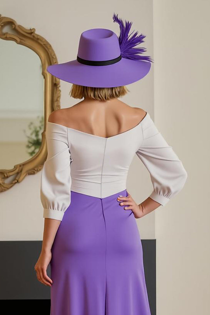 Laden Sie das Bild in den Galerie-Viewer, Lila Chiffon Etui Schulterfreies Lange Hochzeitsgast Kleid mit Ärmel