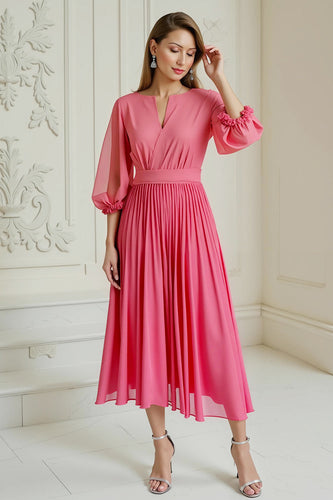 Hot Pink A Linie Chiffon Plissee Lange Hochzeitsgast Kleid mit Ärmel