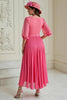 Laden Sie das Bild in den Galerie-Viewer, Hot Pink A Linie Chiffon Plissee Lange Hochzeitsgast Kleid mit Ärmel
