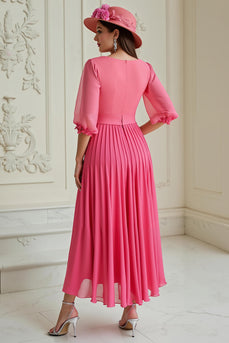 Hot Pink A Linie Chiffon Plissee Lange Hochzeitsgast Kleid mit Ärmel