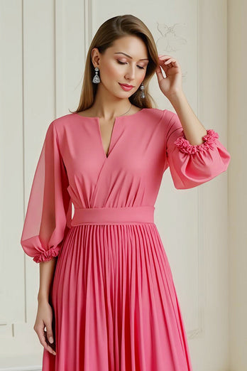 Hot Pink A Linie Chiffon Plissee Lange Hochzeitsgast Kleid mit Ärmel