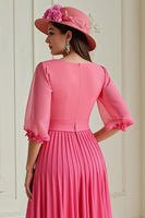 Laden Sie das Bild in den Galerie-Viewer, Hot Pink A Linie Chiffon Plissee Lange Hochzeitsgast Kleid mit Ärmel